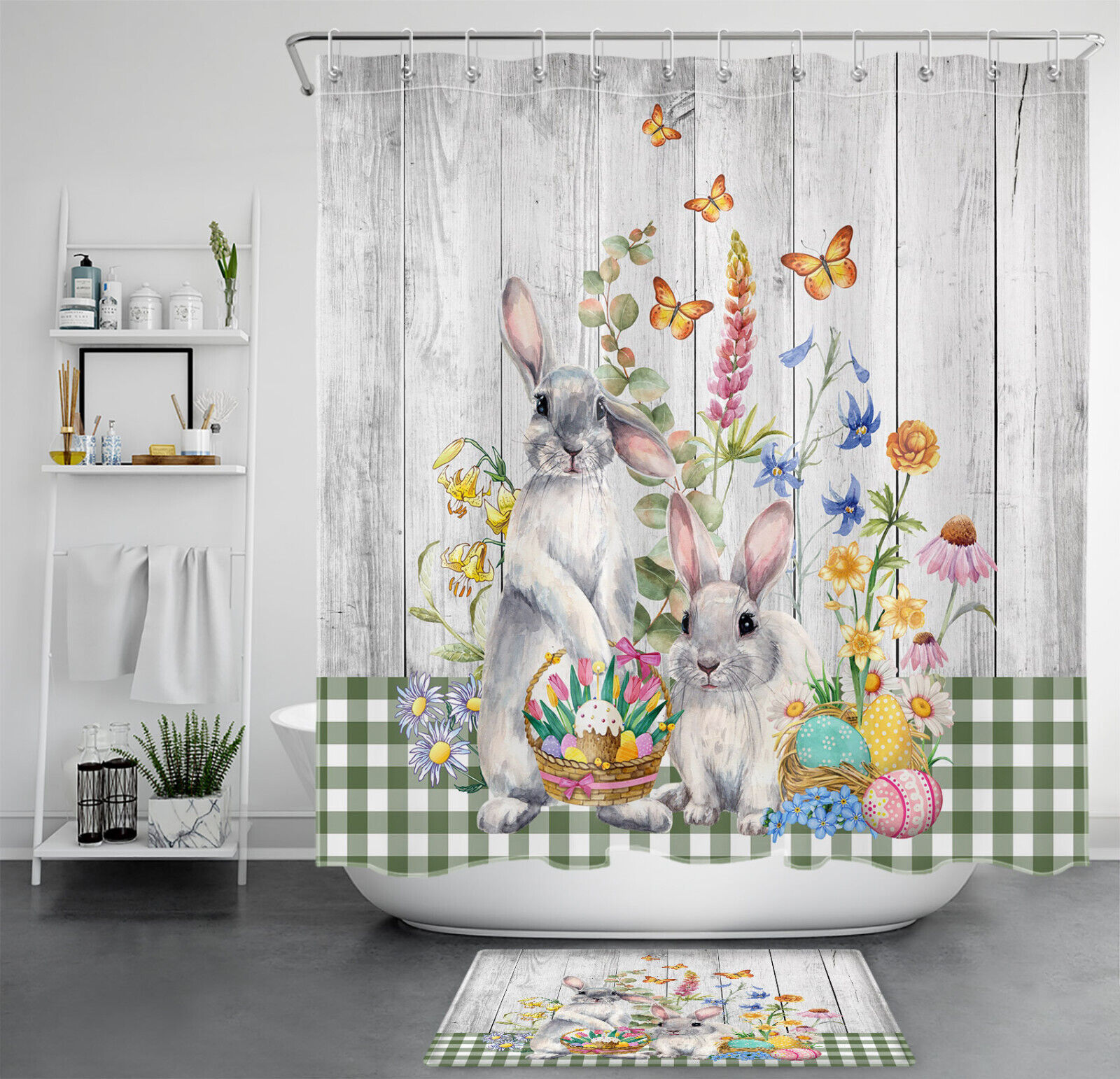 Floral Rabbit Green Plaid Easter Egg Shower Curtain, Perfect for Your Easter Bathroom Decor