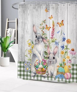Floral Rabbit Green Plaid Easter Egg Shower Curtain, Perfect for Your Easter Bathroom Decor