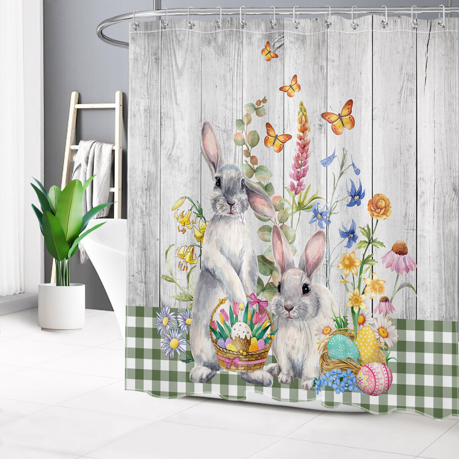 Floral Rabbit Green Plaid Easter Egg Shower Curtain, Perfect for Your Easter Bathroom Decor