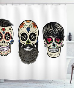 Floral Shaped Dead Head Print Skull Fabric Shower Curtain - Bohemian Skull Bathroom Decor 