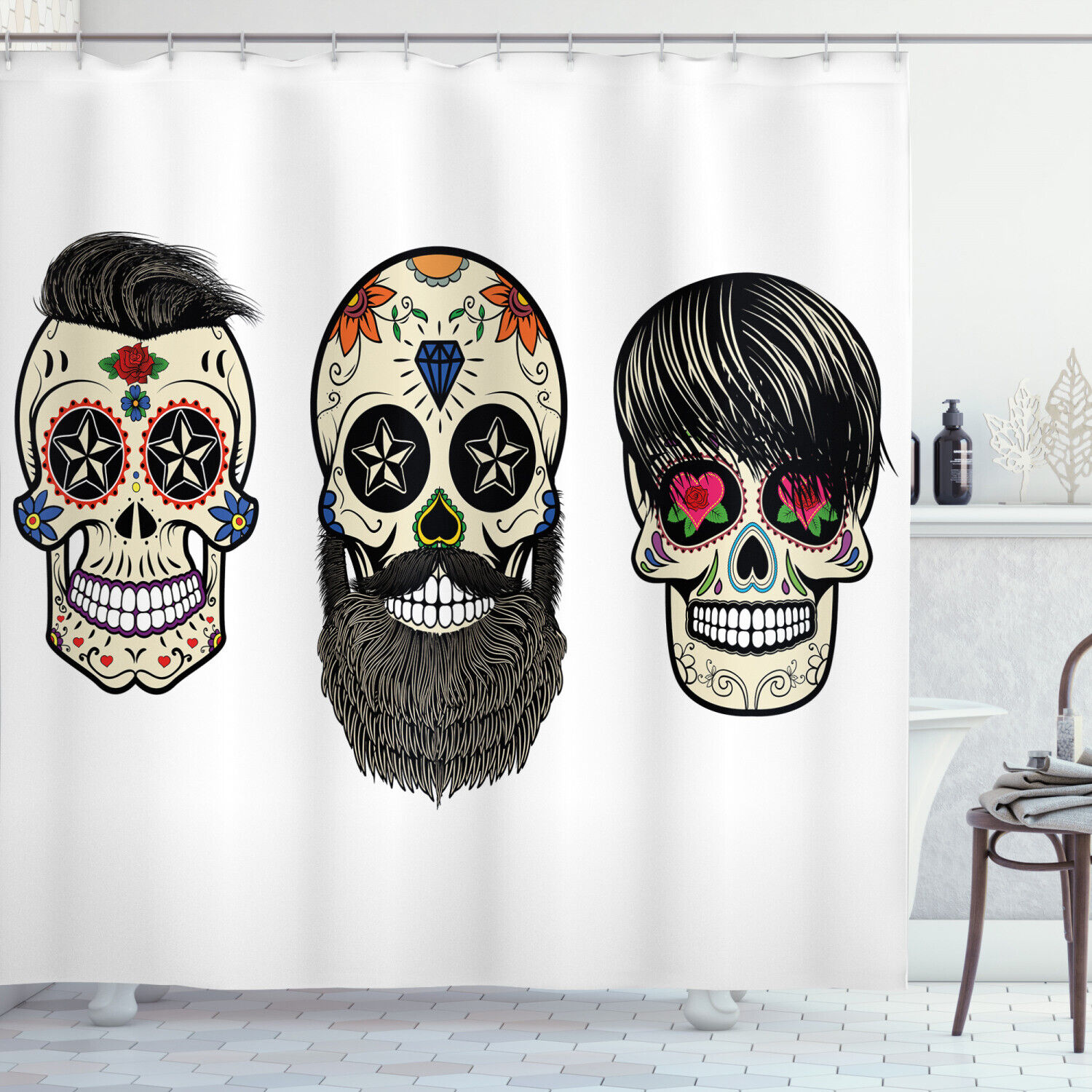 Floral Shaped Dead Head Print Skull Fabric Shower Curtain - Bohemian Skull Bathroom Decor