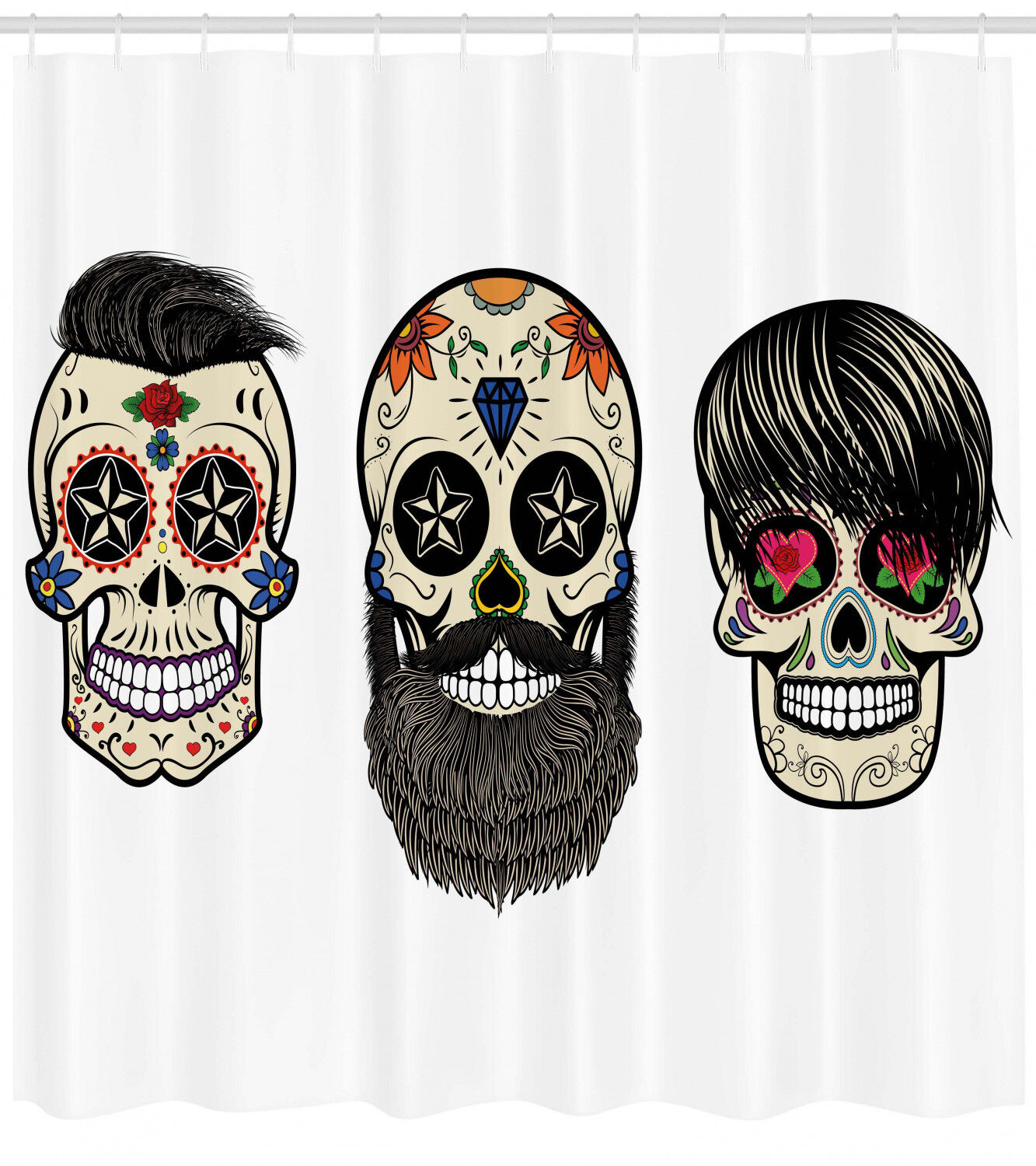 Floral Shaped Dead Head Print Skull Fabric Shower Curtain - Bohemian Skull Bathroom Decor