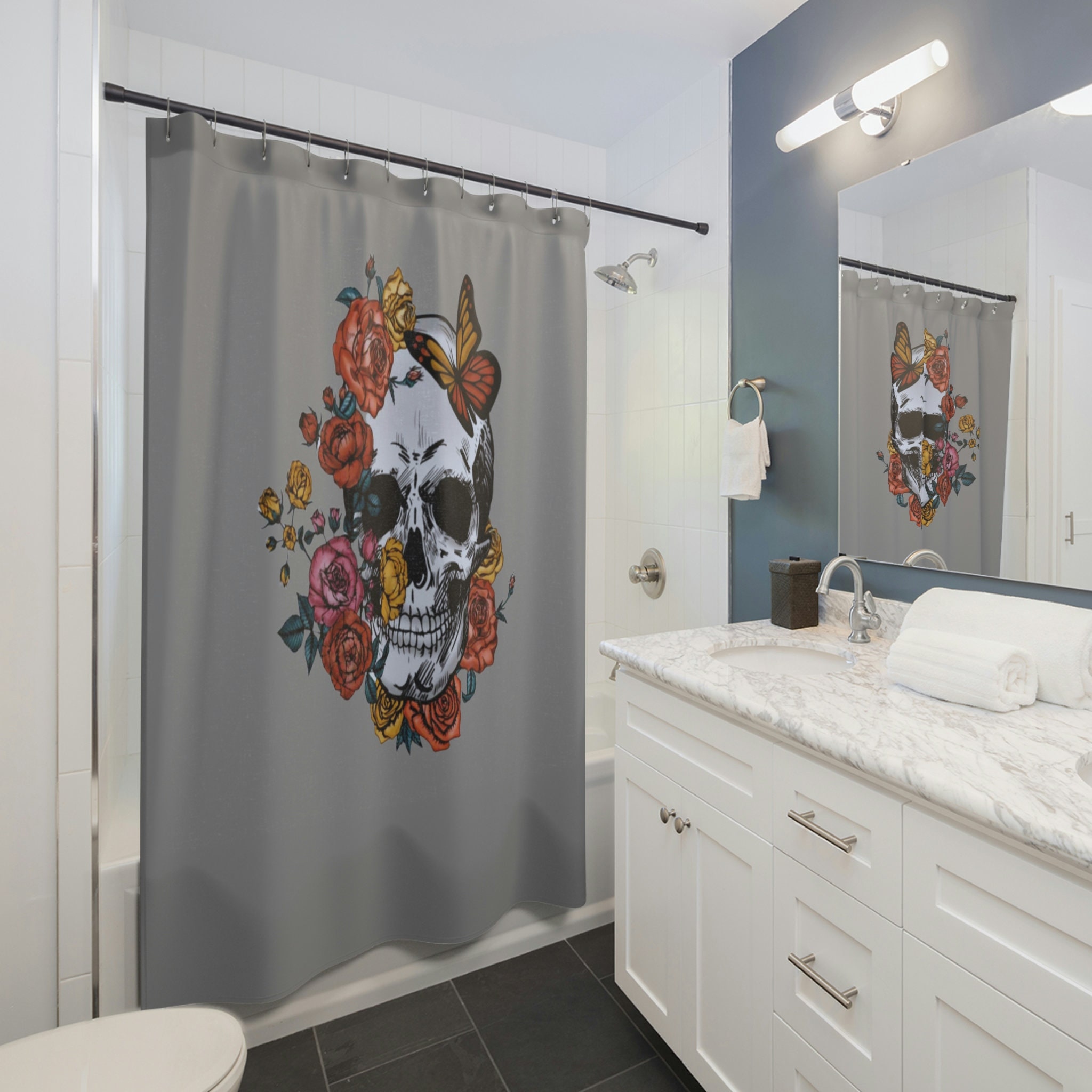 Floral Skull Print Shower Curtain For Unique Bathroom Decorr