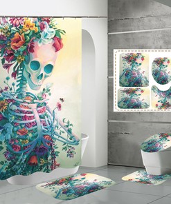 Floral Skull Print Shower Curtain - Gothic Bathroom Decor with Unique Skeleton and Flower Theme