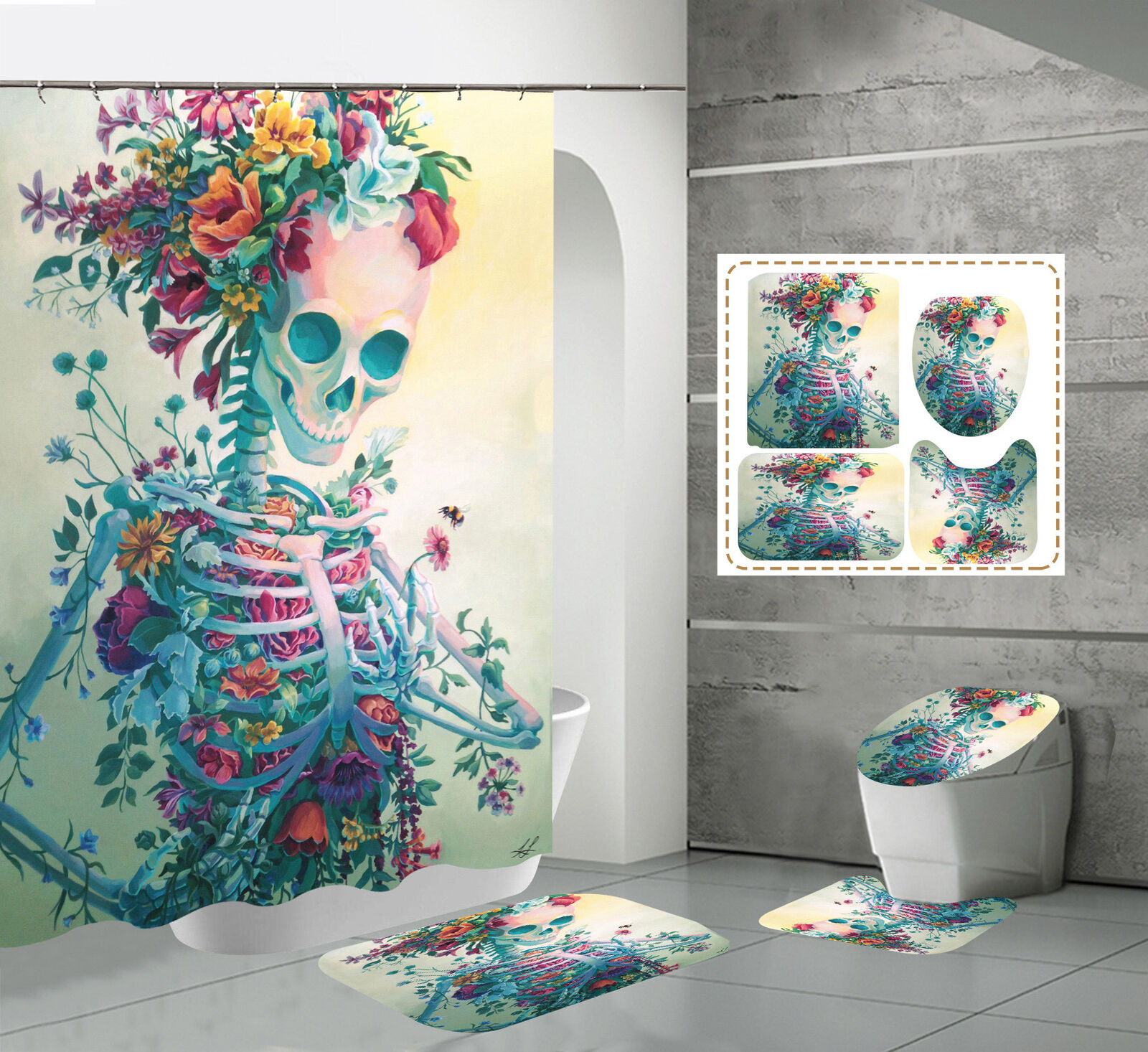 Floral Skull Print Shower Curtain - Gothic Bathroom Decor with Unique Skeleton and Flower Theme