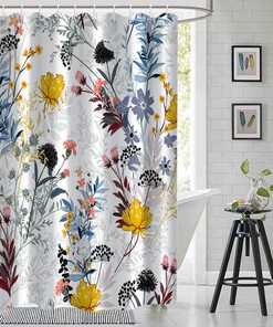Floral Spring Shower Curtain with Yellow and Blue Botanical Print