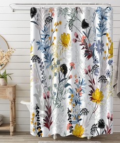 Floral Spring Shower Curtain with Yellow and Blue Botanical Print
