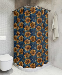 Floral Sunflower Shower Curtain in Blue and Yellow with Metal Hooks