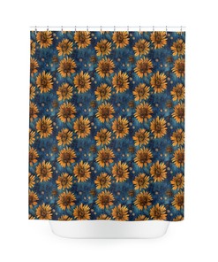 Floral Sunflower Shower Curtain in Blue and Yellow with Metal Hooks