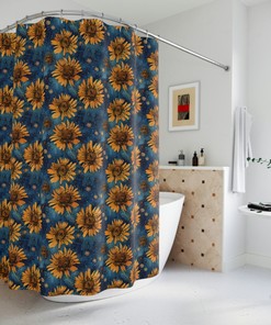 Floral Sunflower Shower Curtain in Blue and Yellow with Metal Hooks