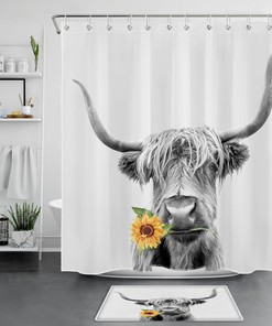 Floral Sunflower and Funny Highland Cow Print Shower Curtain for Modern Bathroom Decor