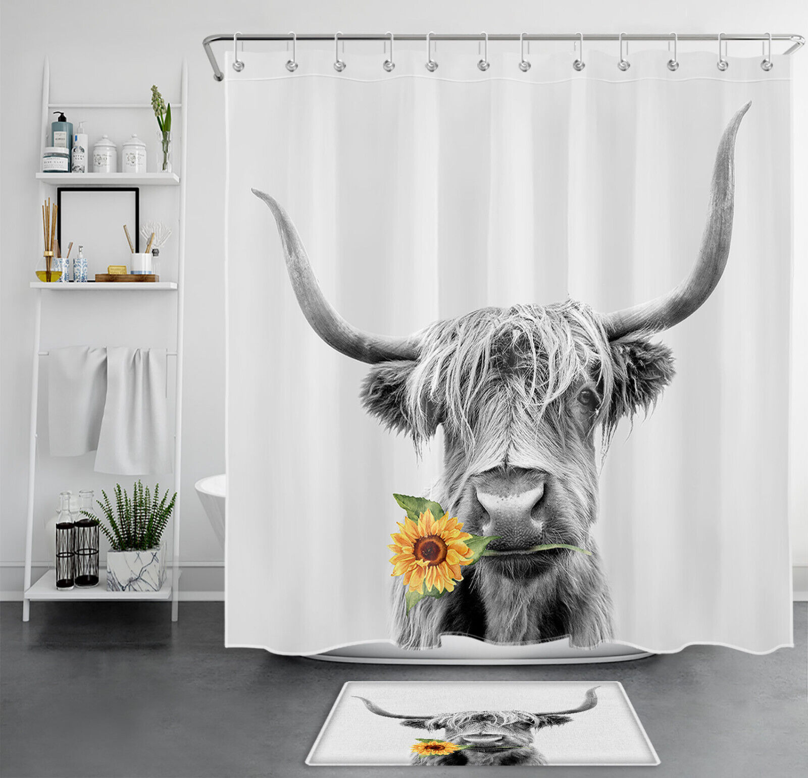 Floral Sunflower and Funny Highland Cow Print Shower Curtain for Modern Bathroom Decor