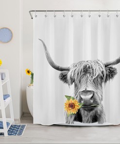 Floral Sunflower and Funny Highland Cow Print Shower Curtain for Modern Bathroom Decor