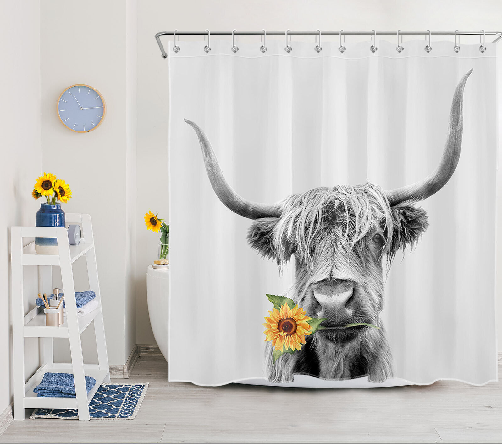 Floral Sunflower and Funny Highland Cow Print Shower Curtain for Modern Bathroom Decor