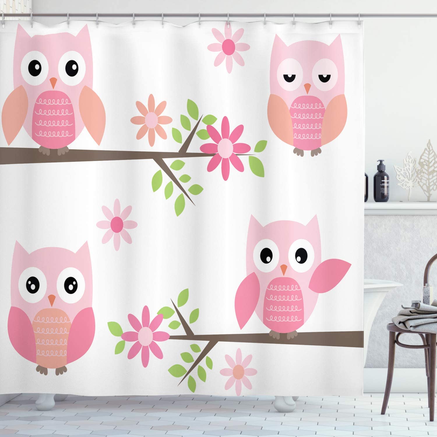 Floral Tree Owl Shower Curtain, Springtime Girly Design Print, Cloth Bathroom Decor