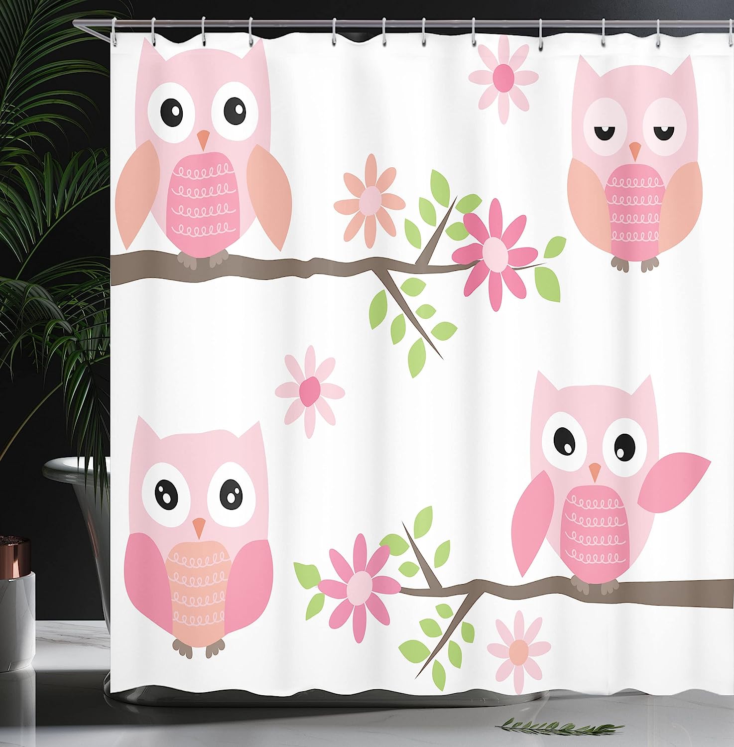 Floral Tree Owl Shower Curtain, Springtime Girly Design Print, Cloth Bathroom Decor - Image 3