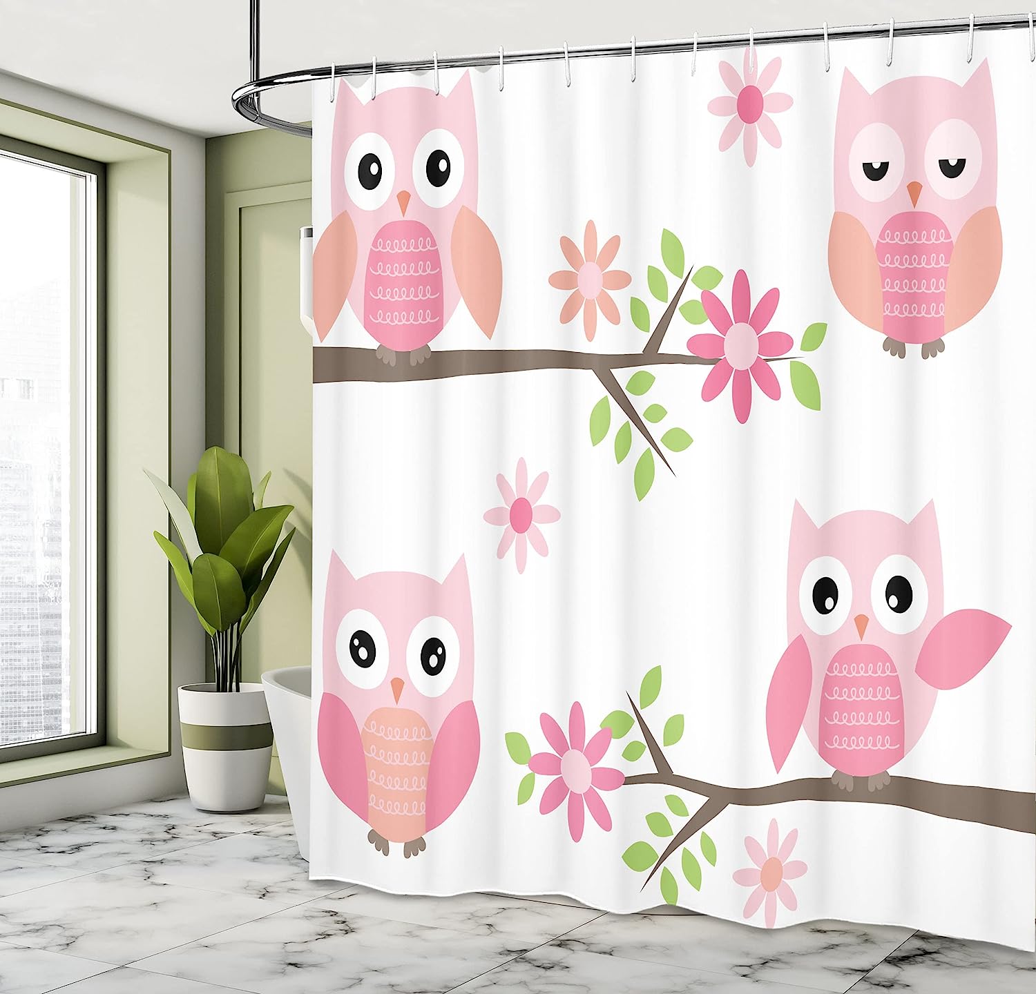 Floral Tree Owl Shower Curtain, Springtime Girly Design Print, Cloth Bathroom Decor - Image 4