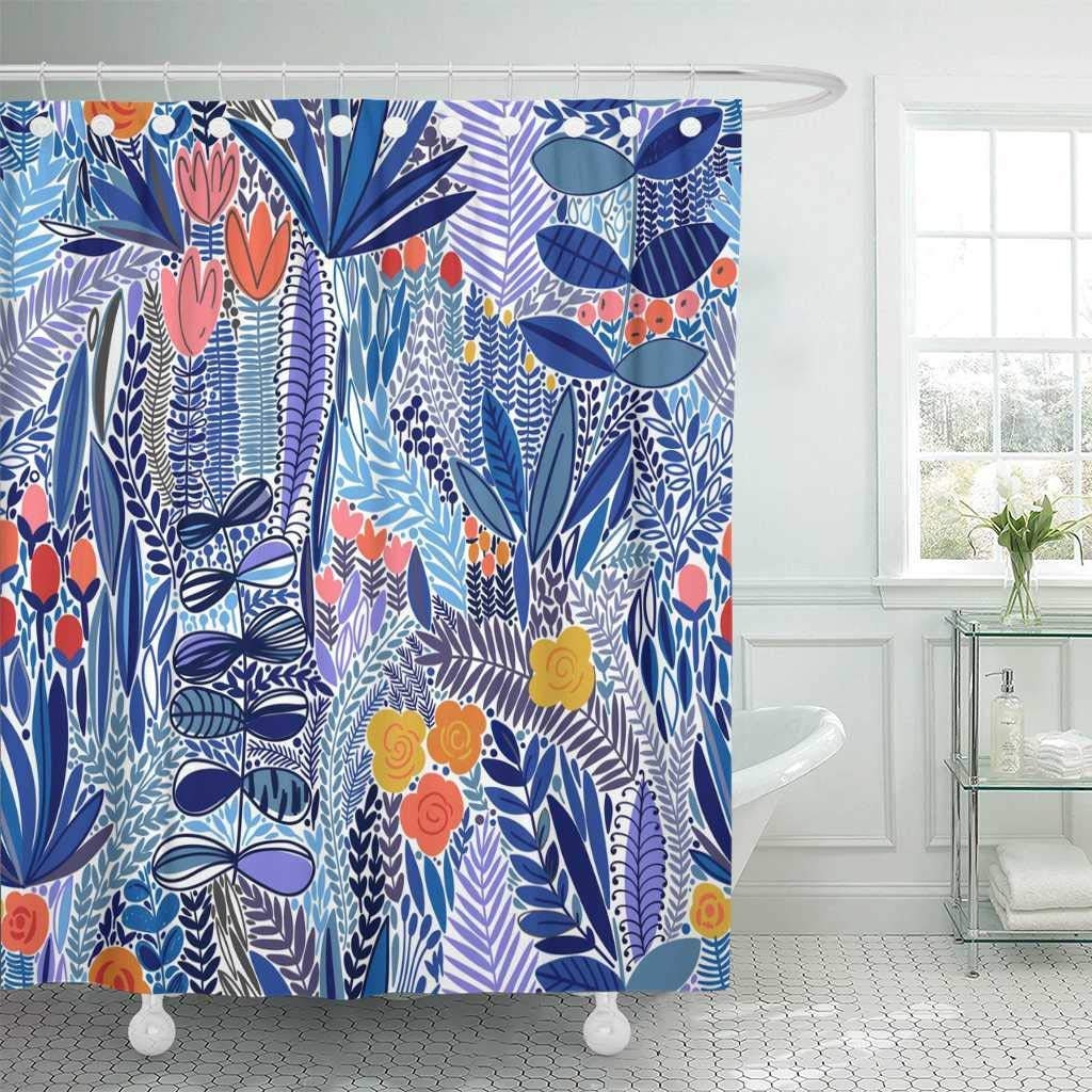 Floral Tropical Green Leaves Print Shower Curtain For Exotic Bathroom Decor