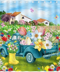 Floral Truck in Garden Yard Spring Shower Curtain for Holiday Home Bathroom Decor