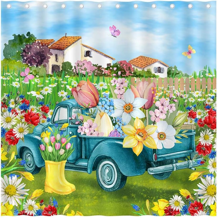 Floral Truck in Garden Yard Spring Shower Curtain for Holiday Home Bathroom Decor