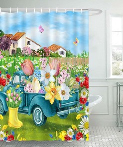 Floral Truck in Garden Yard Spring Shower Curtain for Holiday Home Bathroom Decor