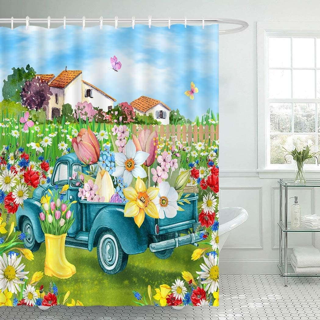 Floral Truck in Garden Yard Spring Shower Curtain for Holiday Home Bathroom Decor