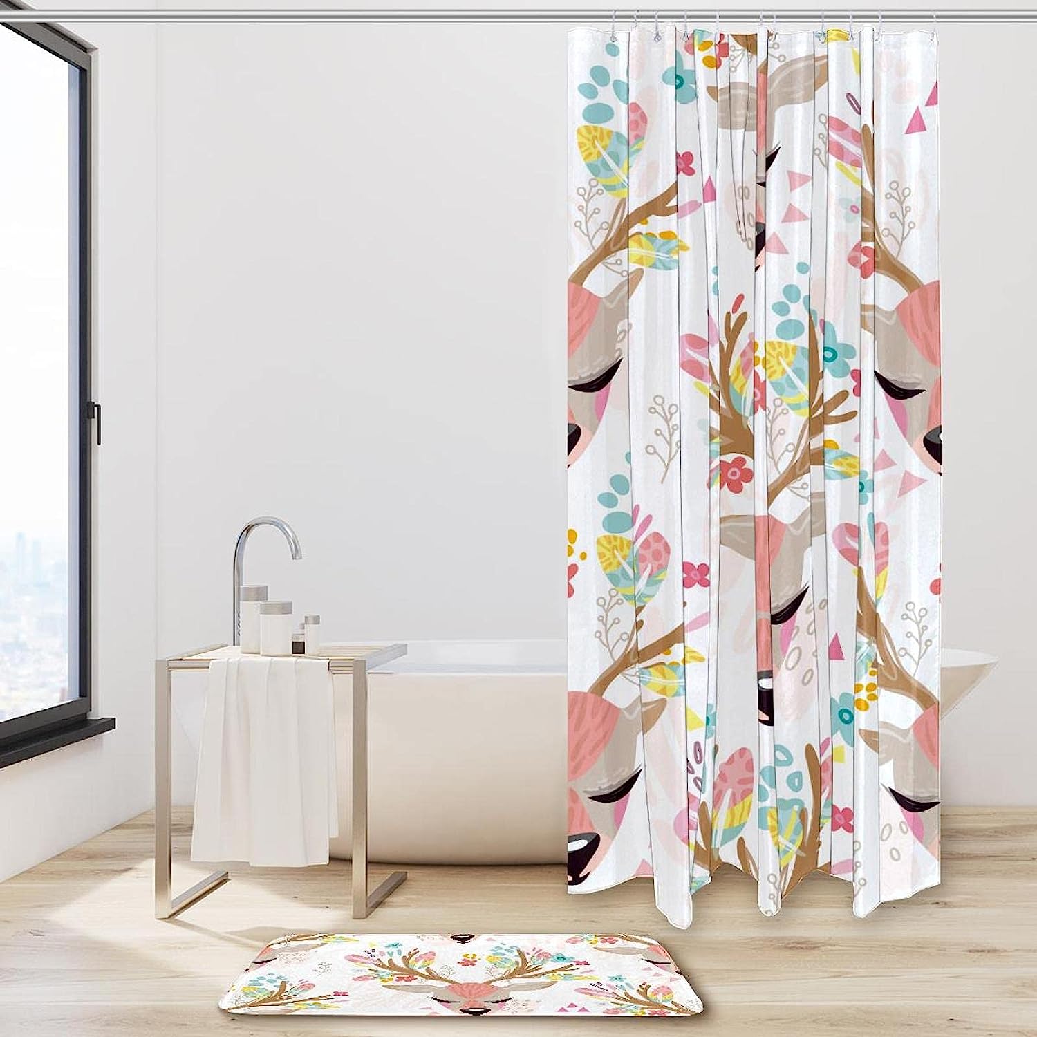 Floral Watercolor Deer Pattern Shower Curtain - Add A Touch Of Elegance To Your Bathroom - Image 2