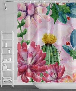 Floral Waterproof Decorative Bathroom Curtains With Cactus Flowers Shower Curtain - Succulent Plants And Natural Beauty