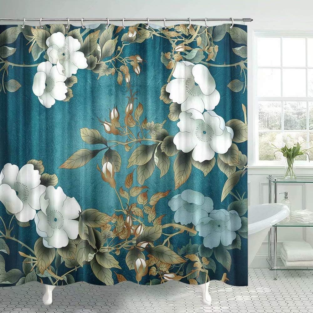 Floral White Magnolia Art Printed Shower Curtain for Classic Bathroom Decor