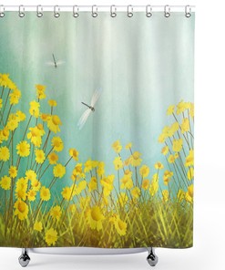 Flourishing Landscape With Daisies And Dragonflies Dragonfly Shower Curtain, Cloth Fabric Bathroom Decor