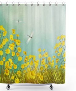 Flourishing Landscape With Daisies And Dragonflies Dragonfly Shower Curtain, Cloth Fabric Bathroom Decorr