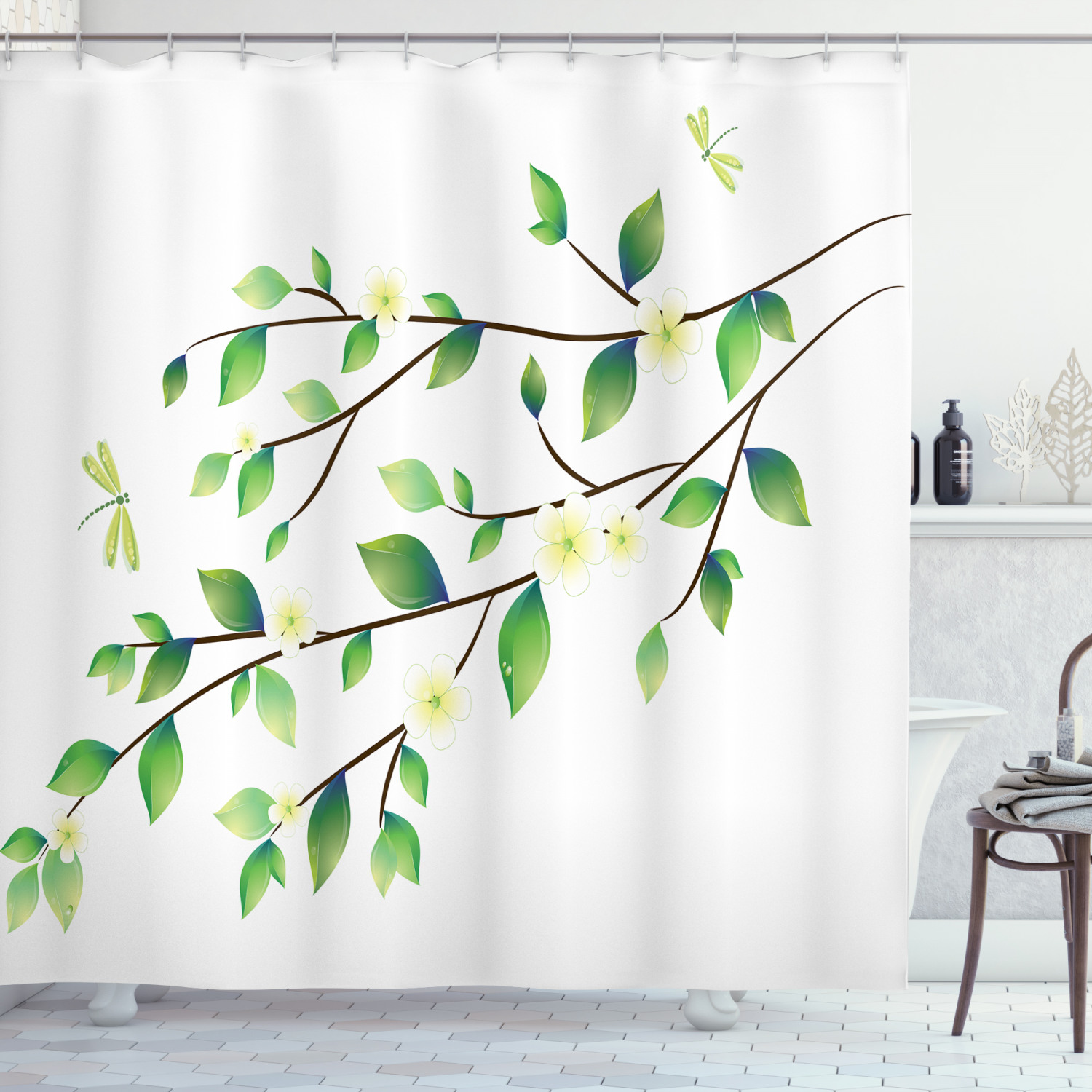Flower And Dragonflies Print Animal Shower Curtain For Bathroom Decor - Image 3