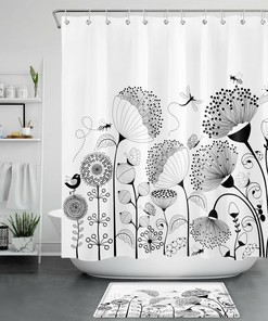 Flower And Insect Abstract Print Shower Curtain For Bathroom