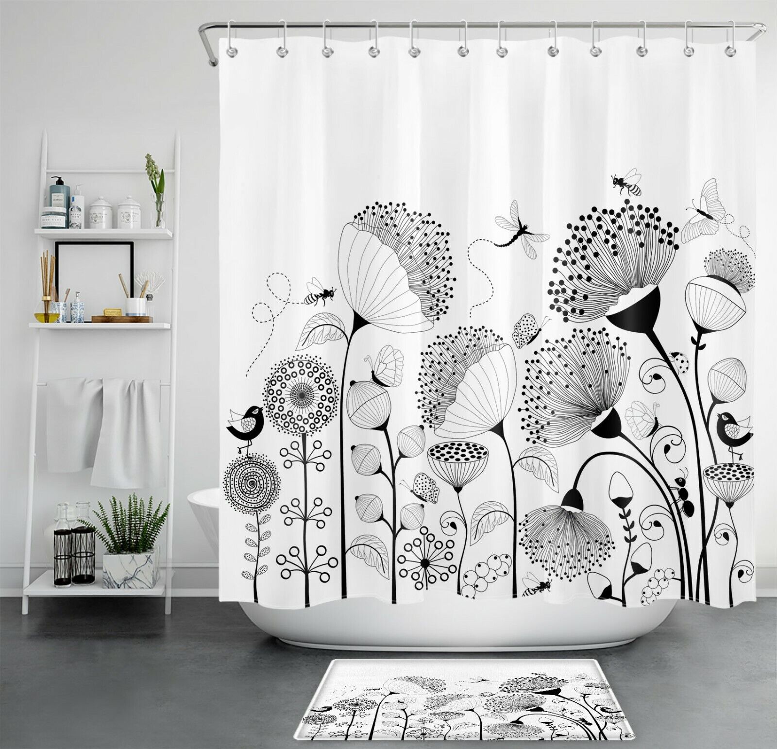 Flower And Insect Abstract Print Shower Curtain For Bathroom