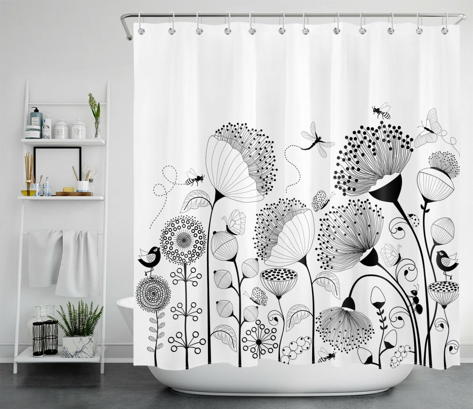 Flower And Insect Abstract Print Shower Curtain For Bathroom - Image 2