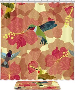Flower Background With Hummingbirds Print Shower Curtain, Waterproof Bathroom Decor