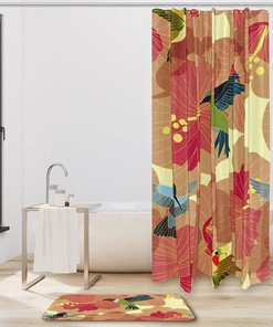 Flower Background With Hummingbirds Print Shower Curtain, Waterproof Bathroom Decor