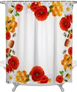 Flower Bee Hive Shower Curtain - Poppy Daisy Fabric Bath Curtain for Your Home