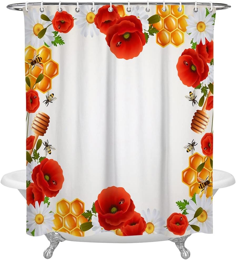 Flower Bee Hive Shower Curtain - Poppy Daisy Fabric Bath Curtain for Your Home