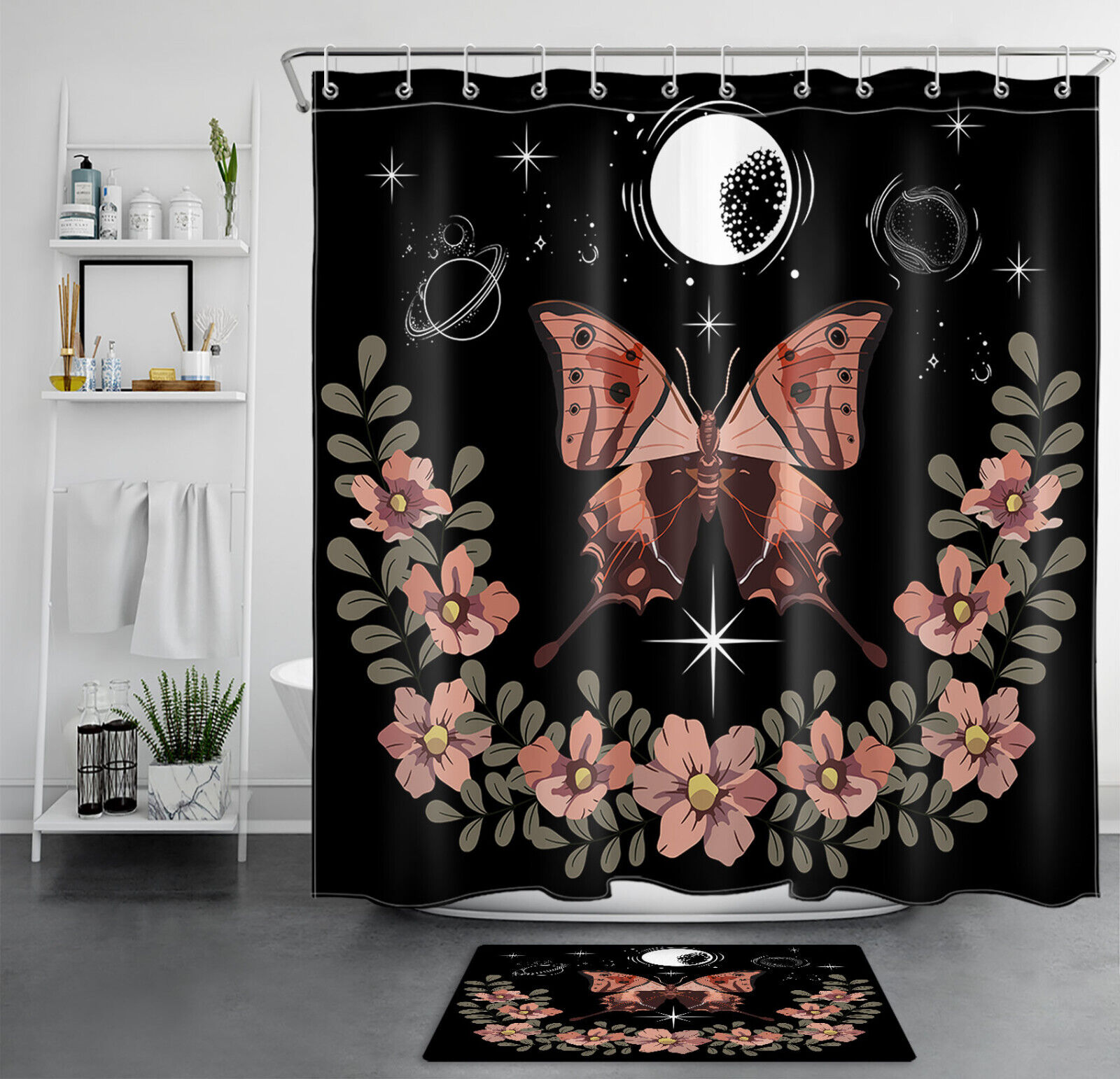 Flower Butterfly And Plant Shower Curtain For Bathroom
