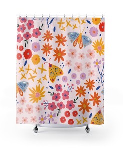 Flower Butterfly Shower Curtain, Warm Bathroom Decor for Spring Art Lovers