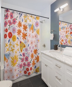 Flower Butterfly Shower Curtain, Warm Bathroom Decor for Spring Art Lovers