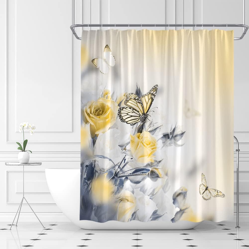 Flower Butterfly Yellow Rose Shower Curtain: Bring In The Nature Into Your Bathroom - Image 2