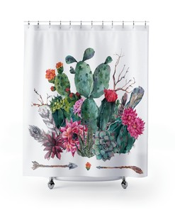 Flower Cactus Pattern Shower Curtain for Southwestern Bathroom