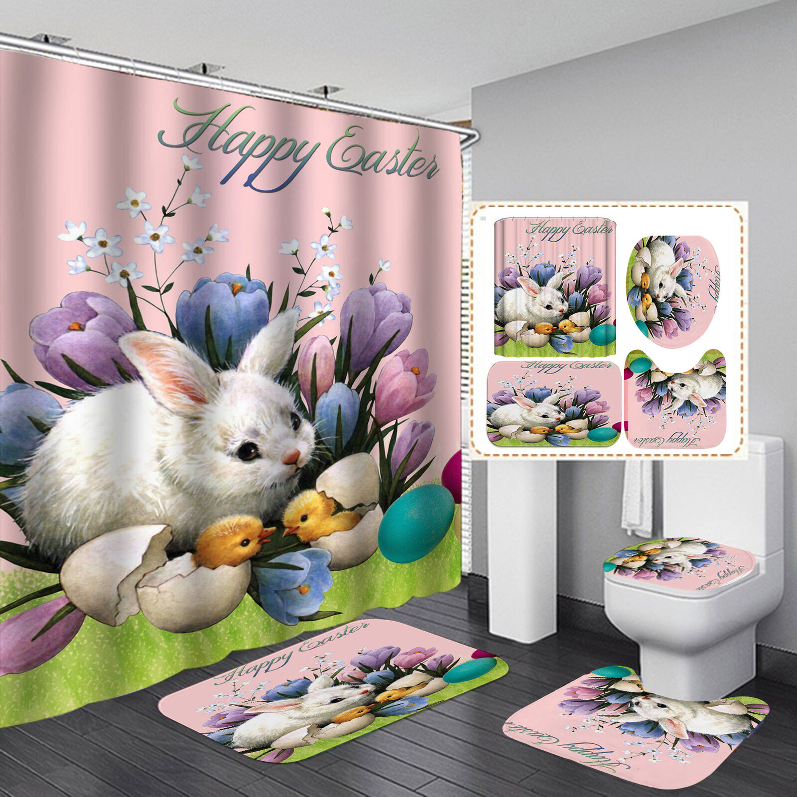 Flower Easter Bunny Print Waterproof Shower Curtain for a Festive Dcor