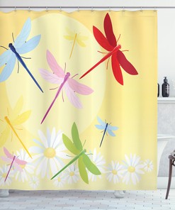 Flower Field And Sun Dragonfly Shower Curtain For A Sunny Bath