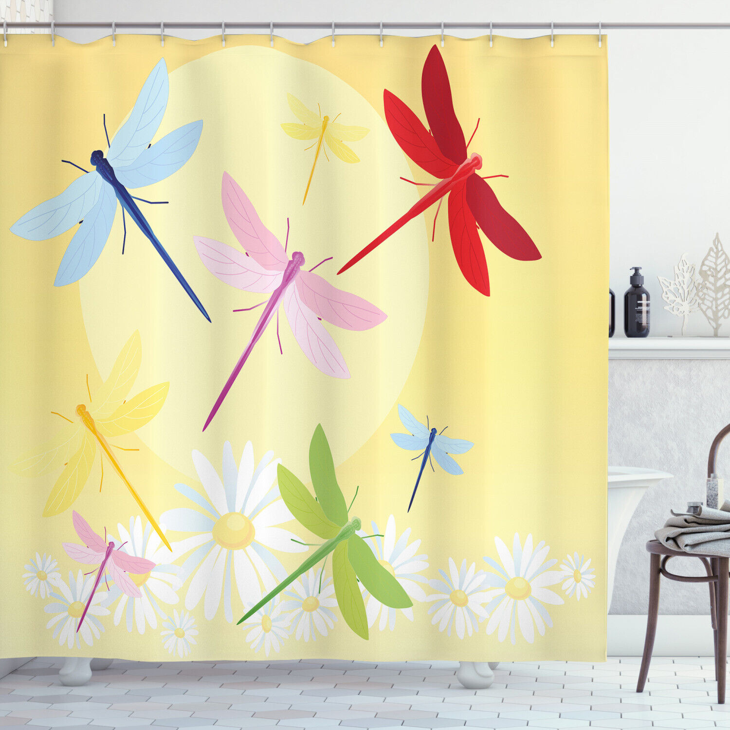Flower Field And Sun Dragonfly Shower Curtain For A Sunny Bath