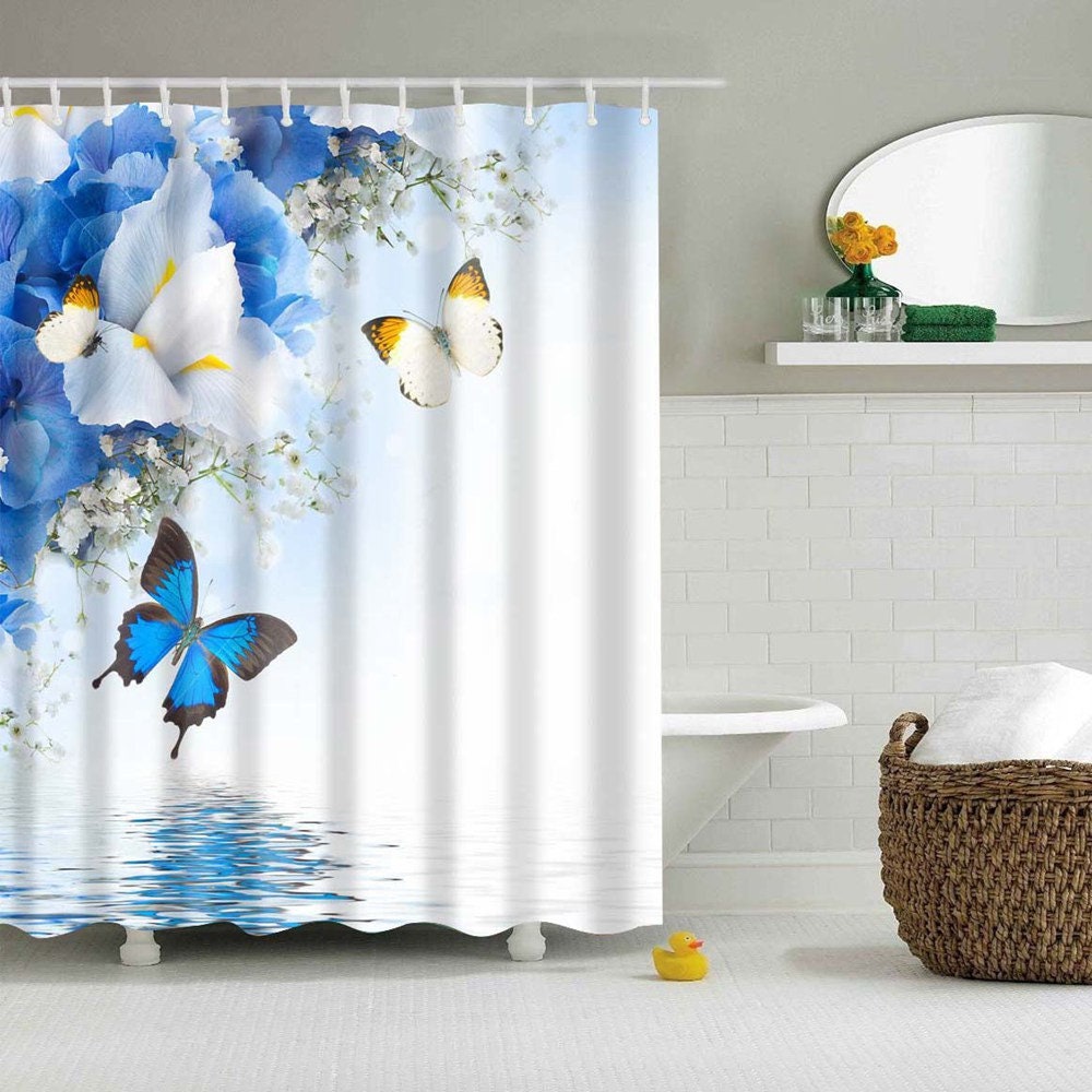 Flower Garden Butterfly Shower Curtain - Delicate Design Perfect For A Nature Themed Bathroom