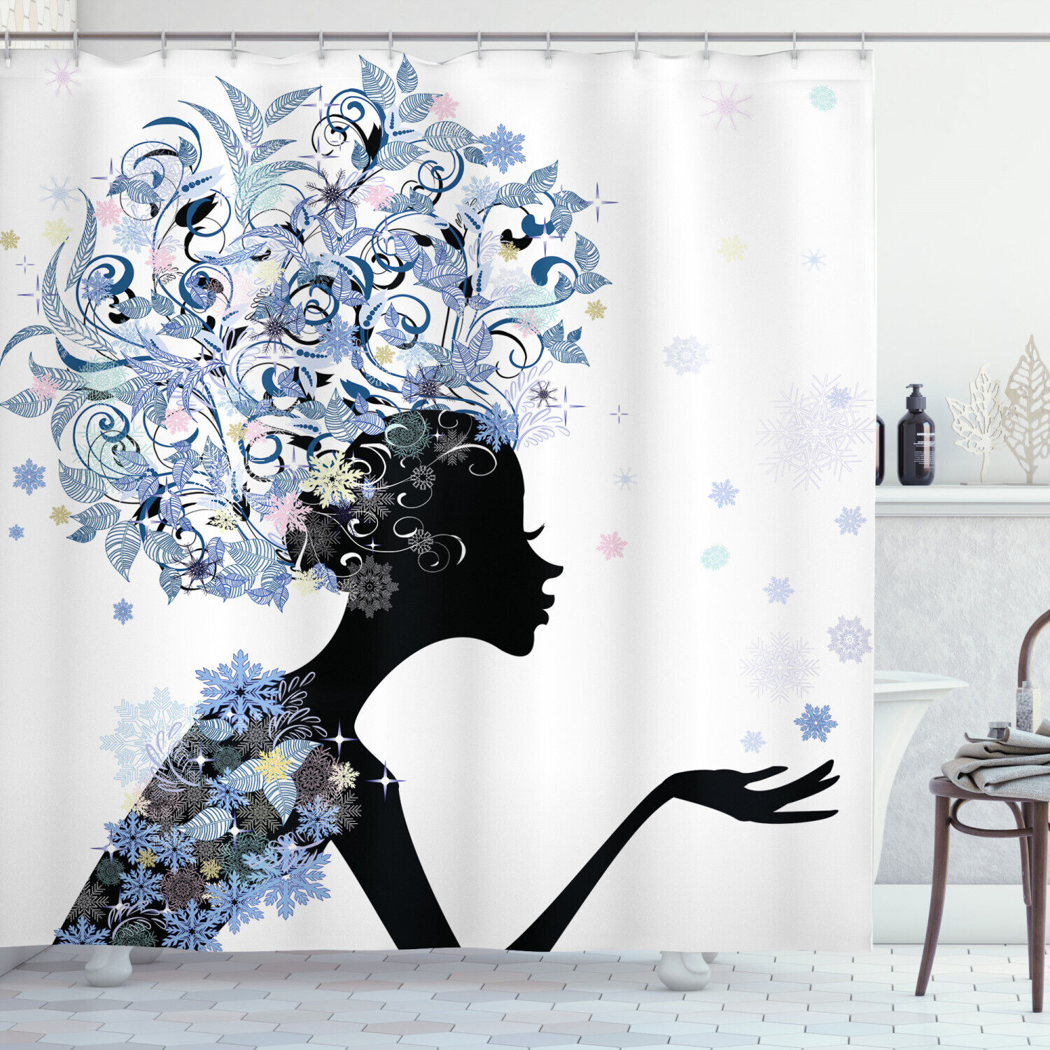 Flower Haired Snowflakes Shower Curtain, Stylish Bathroom Decor - Unique Print