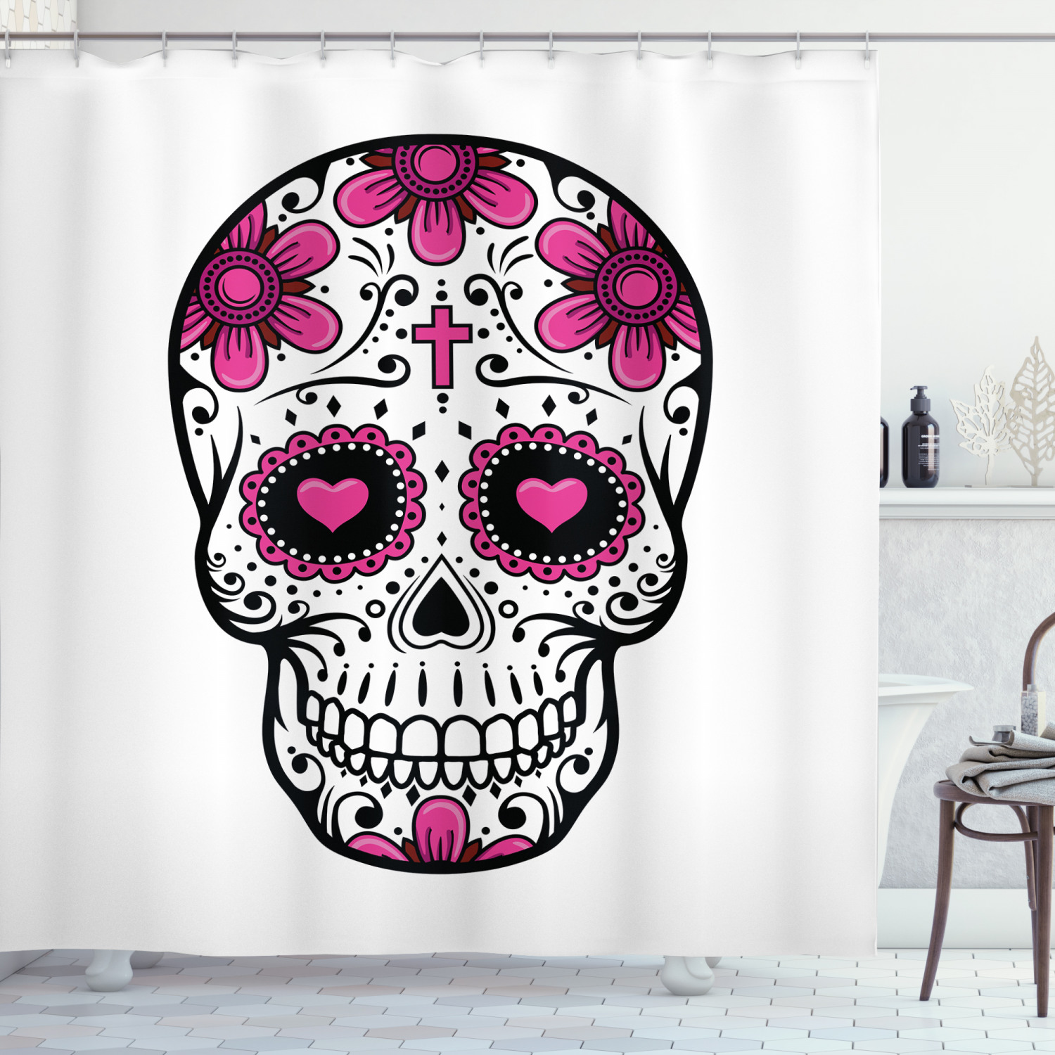 Flower Hearts Swirl Sugar Skull Shower Curtain for Bathroom Decor
